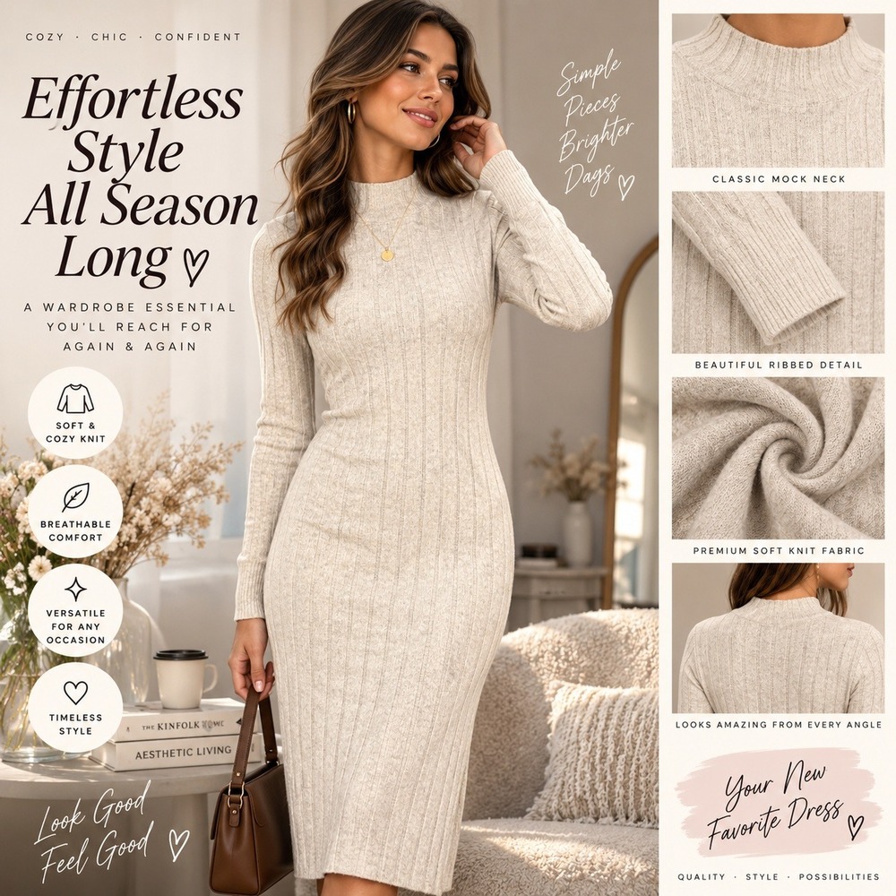 A New Day Womens Ribbed Mock Neck Sweater Dress Cream Oatmeal Small Long Sleeve